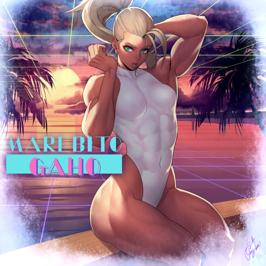 1girl abs absurdres ahoge artist_name bangs blonde_hair breasts cloud cloudy_sky commentary_request covered_navel dark_skin earrings gradient gradient_sky green_eyes high_ponytail highleg highleg_swimsuit highres jewelry lips long_hair looking_at_viewer medium_breasts muscular muscular_female ogami one-piece_swimsuit original palm_leaf palm_tree ponytail signature simple_background sitting sky sun sunset swimsuit tan teeth thighs tree turtleneck white_swimsuit