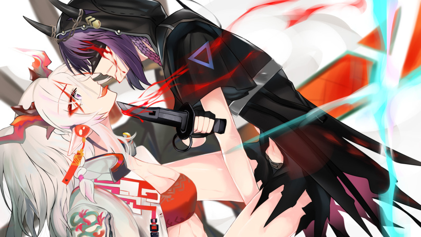 2girls arknights aura bangs bare_arms bare_legs belt belt_buckle between_legs black_coat black_dress black_gloves black_hood black_horns black_shorts blindfold blood blood_on_face blood_on_knife blood_on_weapon blood_splatter braid breasts buckle cleavage clothing_cutout coat covered_eyes cowboy_shot demon_horns dragon_girl dragon_horns dragon_print dress duel earrings eyebrows_visible_through_hair eyes_visible_through_hair eyeshadow face-to-face facing_another fang fingerless_gloves flirting from_side frown gloves hair_ribbon hand_between_legs hand_up highres holding holding_knife holding_weapon hood hood_up hooded_coat horns horns_through_hood jacket jewelry knife knife_to_throat lava_(arknights) lava_the_purgatory_(arknights) leather leather_jacket leather_mask long_bangs long_hair long_neck looking_at_another makeup mask medium_breasts medium_hair midriff multicolored_hair multiple_girls navel_cutout nian_(arknights) official_alternate_costume open_clothes open_jacket open_mouth parted_lips pink_ribbon pointy_ears pointy_nose ponytail purple_coat purple_eyes purple_hair red_eyeshadow red_hair red_horns red_tube_top ribbon short_shorts short_sleeves shorts side_braid sidelocks smile strapless streaked_hair taunting tongue tongue_out tube_top tudili upper_body weapon white_background white_hair white_jacket yuri