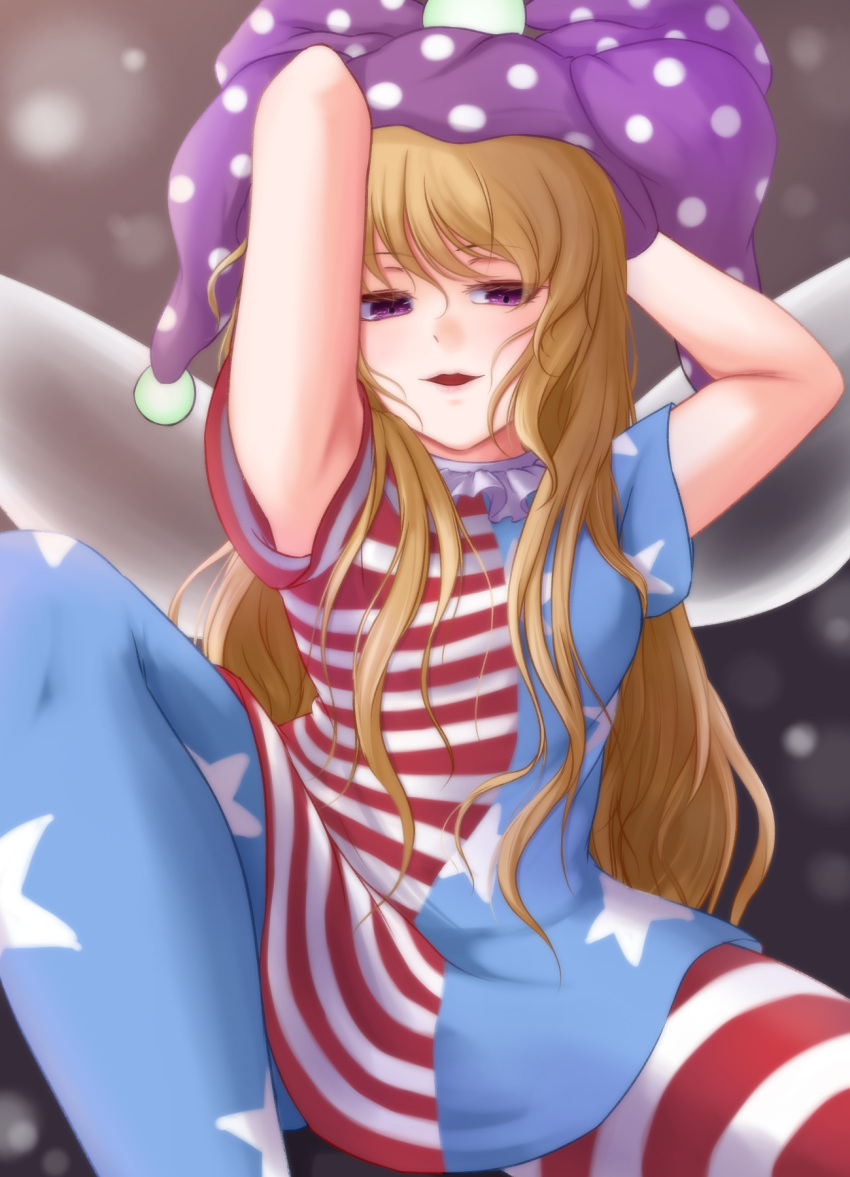 1girl alternate_hair_color american_flag_dress american_flag_pants armpits arms_up bangs blush breasts brown_background brown_hair clownpiece dress eyebrows_visible_through_hair eyes_visible_through_hair fairy_wings gradient gradient_background grey_background hair_between_eyes hands_up hat highres jester_cap light_brown_hair long_hair looking_at_viewer medium_breasts neck_ruff open_mouth pants polka_dot purple_eyes purple_headwear riria_(liry_a_flower) short_sleeves sitting smile smug solo star_(symbol) star_print striped striped_dress striped_pants touhou wings
