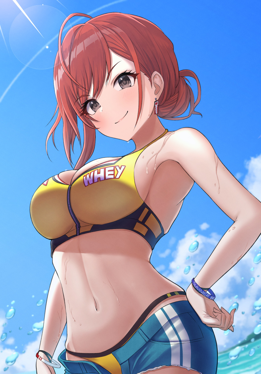 1girl absurdres ahoge arisugawa_natsuha armpits bangs bikini blue_shorts blue_sky breasts cleavage closed_mouth cloud commentary contrapposto cowboy_shot cutoffs day dot_nose dutch_angle earrings english_text eyebrows_visible_through_hair eyelashes from_below grey_eyes hair_bun hand_on_hip highres idolmaster idolmaster_shiny_colors jewelry large_breasts lens_flare light_blush linea_alba looking_at_viewer navel open_pants orange_hair osoba_susurukun pants short_shorts shorts sidelocks skindentation sky smile solo stomach sunlight swept_bangs swimsuit water_drop wet wristband yellow_bikini