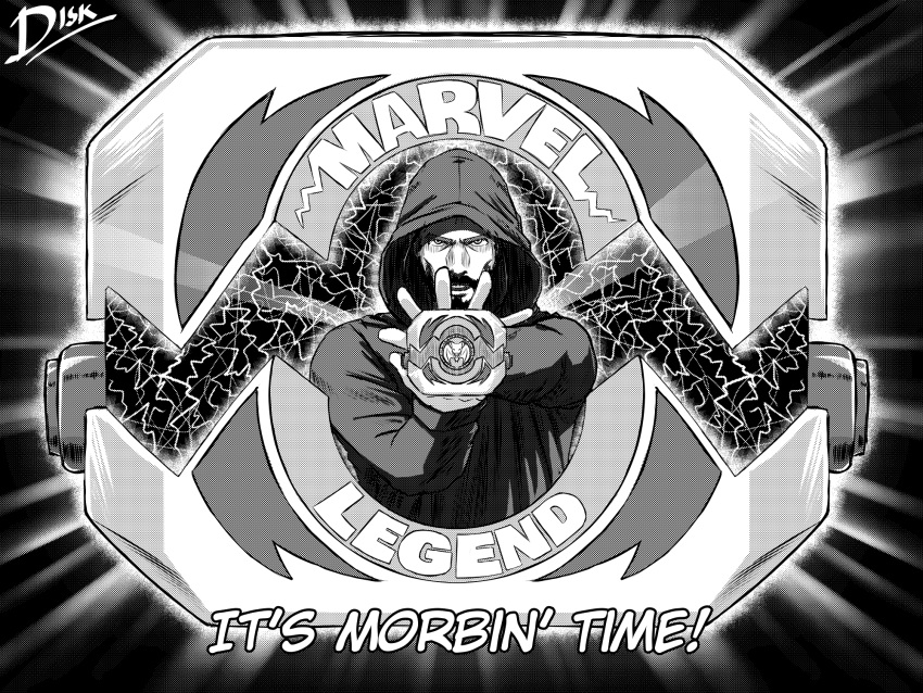 1boy beard diskette english_commentary facial_hair greyscale highres hood hood_up it's_morbin'_time_(meme) looking_at_viewer male_focus marvel meme mighty_morphin_power_rangers monochrome morbius morbius_(film) mustache parody power_rangers solo subtitled tokusatsu