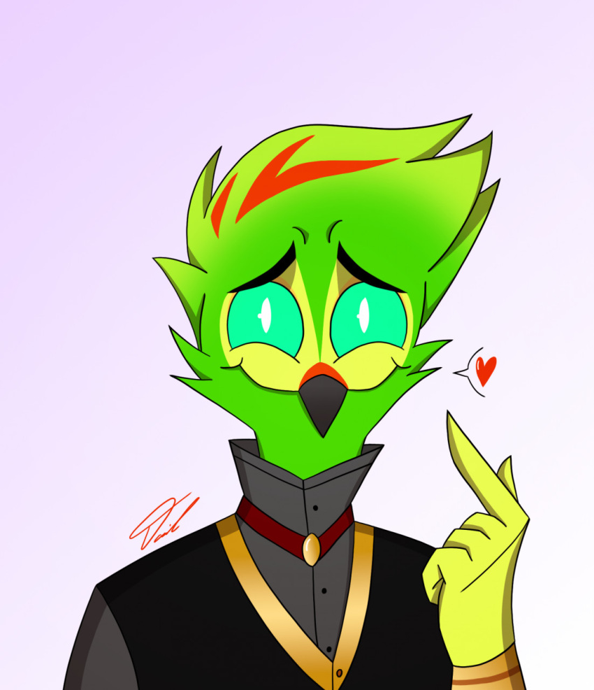 anthro avian beak bird blue_eyes clothed clothing demon fan_character fur green_body green_eyes green_fur helluva_boss hi_res male parrot simple_background smile solo the_real_mr._big_d_98