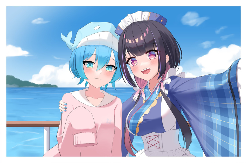 1boy 1girl :3 :d apron bangs black_hair blue_dress blue_eyes blue_hair blue_headwear blue_kimono blue_nails blue_sky blunt_bangs blush border cloud cloudy_sky collarbone colored_inner_hair commentary day dress eyebrows_visible_through_hair frilled_apron frills gold_trim gradient_eyes hair_between_eyes hand_on_another's_shoulder handrail highres hill hina_misora horizon impossible_clothes impossible_dress japanese_clothes kimono kujira-chan_(hina_misora) long_hair long_sleeves looking_at_viewer low_twintails maid_apron multicolored_eyes multicolored_hair ocean official_alternate_costume open_mouth otoko_no_ko pink_eyes pink_hair pink_sweater plaid_kimono pmasterm ribbon-trimmed_sleeves ribbon_trim sailor_collar selfie shiny shiny_hair shirt short_hair shy sidelocks sky sleeves_past_fingers sleeves_past_wrists smile spanish_commentary streaked_hair sweater symbol-shaped_pupils teeth twintails two-tone_hair underbust upper_teeth virtual_youtuber wa_maid wactor_production water whale_hat white_apron white_border white_shirt wide_sleeves yellow_eyes