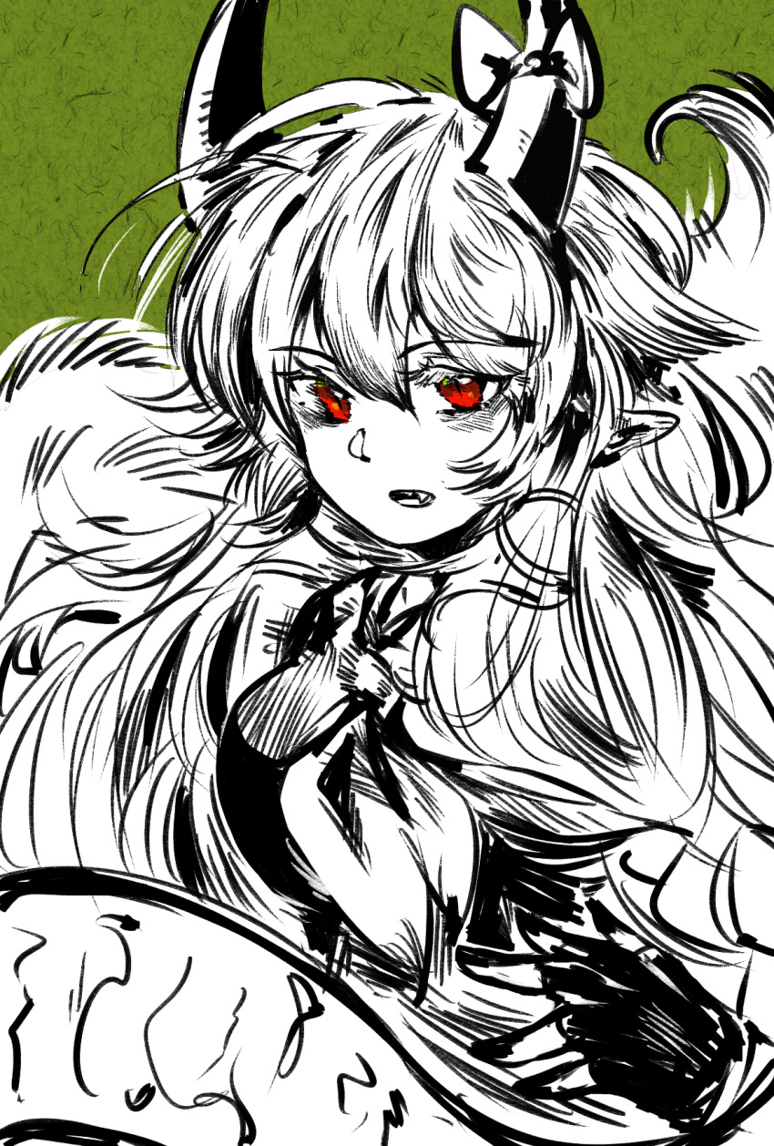 1girl bow chinese_commentary commentary dress ex-keine fang green_background greyscale_with_colored_background hair_between_eyes highres horn_bow horn_ornament horns kamishirasawa_keine long_hair looking_at_viewer monochrome nanzhi713 neckerchief parted_lips pointy_ears red_eyes scroll solo spot_color touhou tsurime upper_body very_long_hair