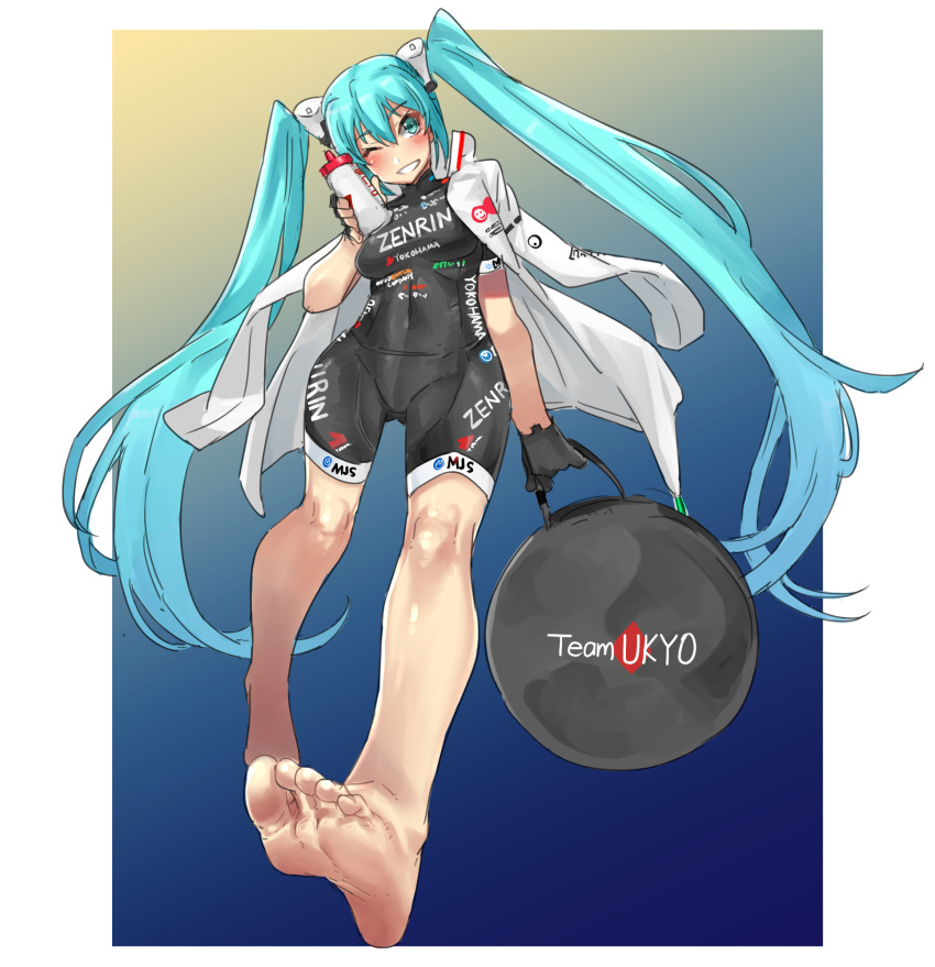 1girl aqua_eyes aqua_hair barefoot black_bodysuit black_gloves blush bodysuit border bottle brand_name_imitation eiji_(eiji) feet fingerless_gloves foreshortening full_body gloves hair_between_eyes hatsune_miku highres holding holding_bottle jacket jacket_on_shoulders long_hair one_eye_closed race_queen skin_tight smile solo sponsor twintails vocaloid white_border white_jacket