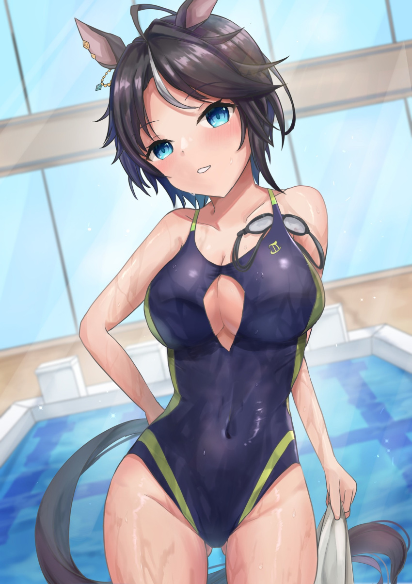 1girl absurdres animal_ears black_hair black_swimsuit blue_eyes cleavage_cutout clothing_cutout commentary_request competition_swimsuit covered_navel cowboy_shot ear_piercing fuji_kiseki_(umamusume) highres horse_ears horse_girl horse_tail looking_at_viewer one-piece_swimsuit piercing pool pool_ladder short_hair solo swimsuit tail umamusume waity_awa wet wet_clothes wet_swimsuit white_hair