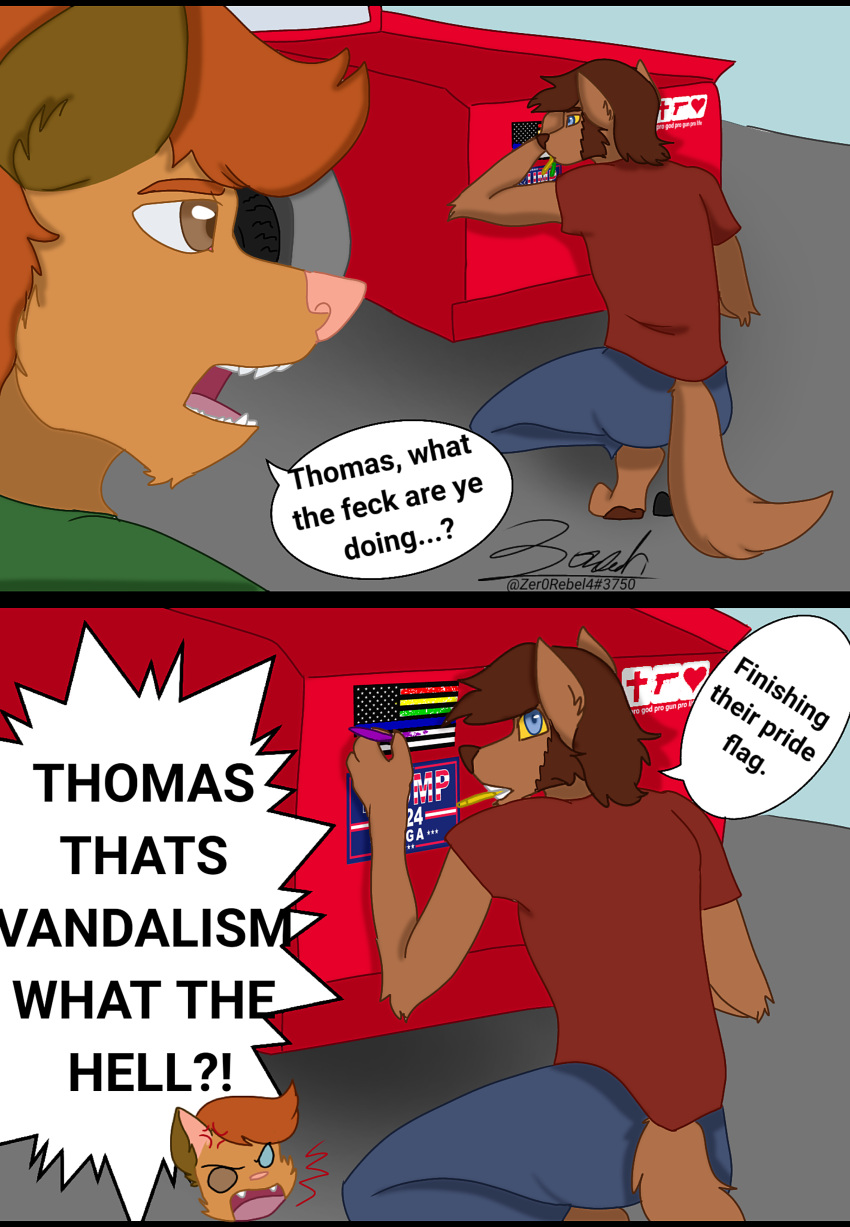 &lt;3 2022 absurd_res accent anthro blue_eyes bottomwear brown_body brown_eyes brown_fur brown_hair brown_markings bumper_sticker canid canine canis chibi clothing comic cross cross-popping_vein crouching denim denim_clothing dialogue didelphid digital_drawing_(artwork) digital_media_(artwork) duo english_text fluffy fur hair heterochromia hi_res humor irish irish_accent jeans lgbt_history_month lgbt_pride male mammal markers markings marsupial object_in_mouth orange_body orange_fur orange_hair pants pawpads paws police_flag politics pride_colors prosthetic prosthetic_leg prosthetic_limb rainbow_pride_colors rear_view religion shirt stars_and_stripes t-shirt talking_to_another text thomas_ii_(zer0rebel4) timothy_(zer0rebel4) topwear truck_(vehicle) truck_decal united_states_of_america vandalism vehicle were werecanid werecanine werewolf wolf yelling yellow_sclera zer0rebel4