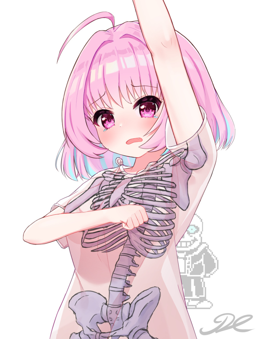 1girl 1other ahoge arm_up blue_hair blush breasts eyebrows_visible_through_hair highres idolmaster idolmaster_cinderella_girls j2l multicolored_hair open_mouth pink_hair raised_eyebrows sans see-through see-through_silhouette shiny shiny_hair short_hair short_sleeves signature simple_background skeleton skeleton_print two-tone_hair undertale yumemi_riamu