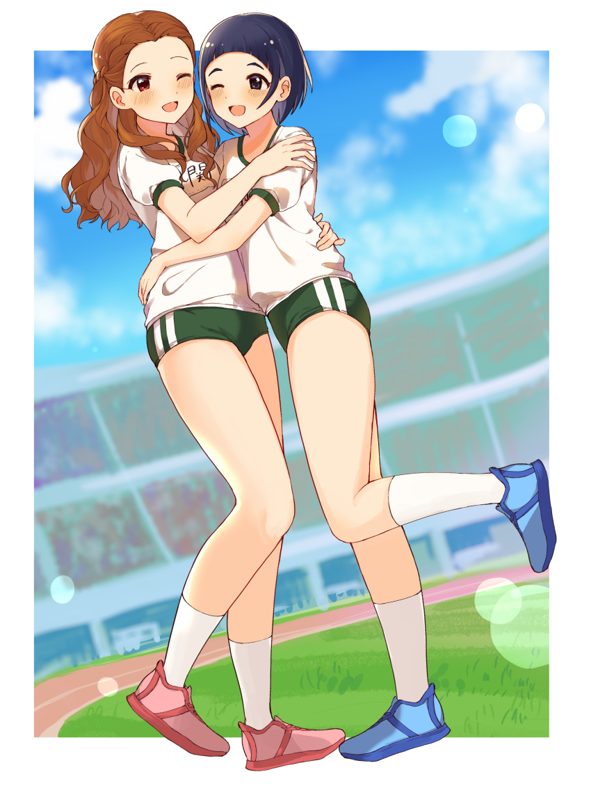 2girls ;d absurdres black_eyes black_hair blue_footwear blue_sky blush braid brown_hair buruma cloud day from_side full_body green_buruma gym_uniform hand_on_another's_hip highres hug idolmaster idolmaster_cinderella_girls kneehighs lens_flare long_hair mmmakaron888 multiple_girls okazaki_yasuha one_eye_closed open_mouth pink_footwear red_eyes seki_hiromi shiny shiny_hair shirt shoes short_hair short_sleeves sky smile sneakers stadium standing white_legwear white_shirt