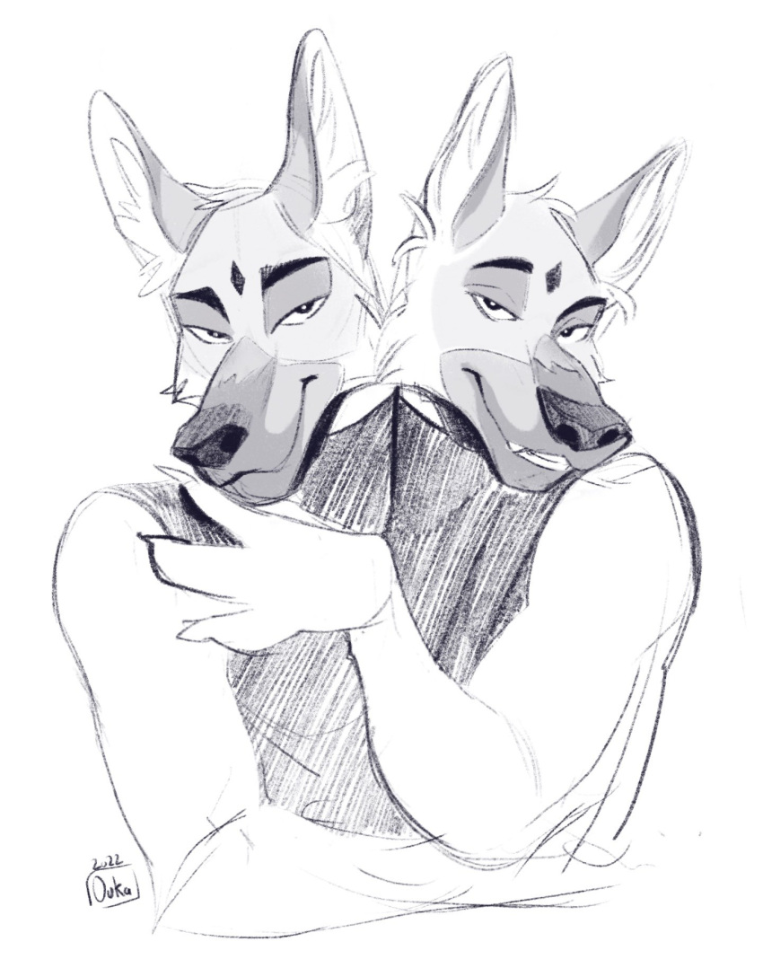 2_heads anthro canid canine conjoined conjoined_twins duo hi_res looking_at_viewer male male/male mammal multi_head multifur oukaarts smile
