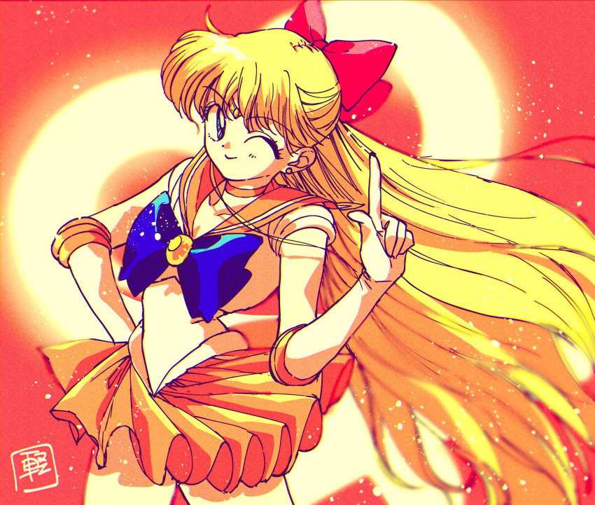 1girl aino_minako bishoujo_senshi_sailor_moon blonde_hair blue_bow blue_eyes bow highres murimajimuri one_eye_closed orange_skirt red_bow sailor_venus skirt smile solo