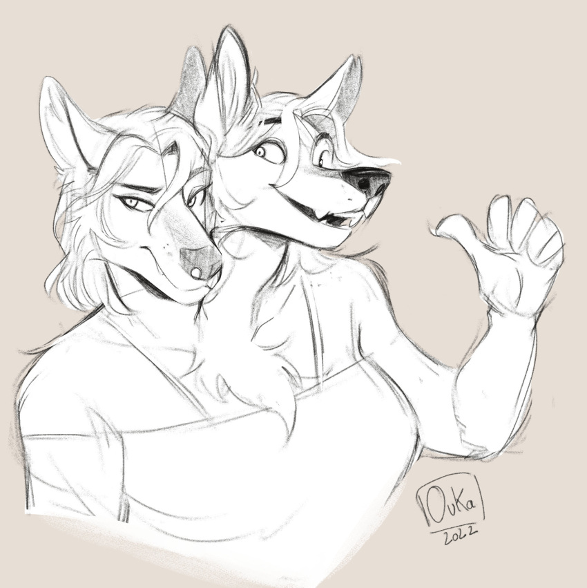 2_heads anthro canid canine canis conjoined conjoined_twins duo female female/female hi_res mammal multi_head multifur oukaarts smile wolf