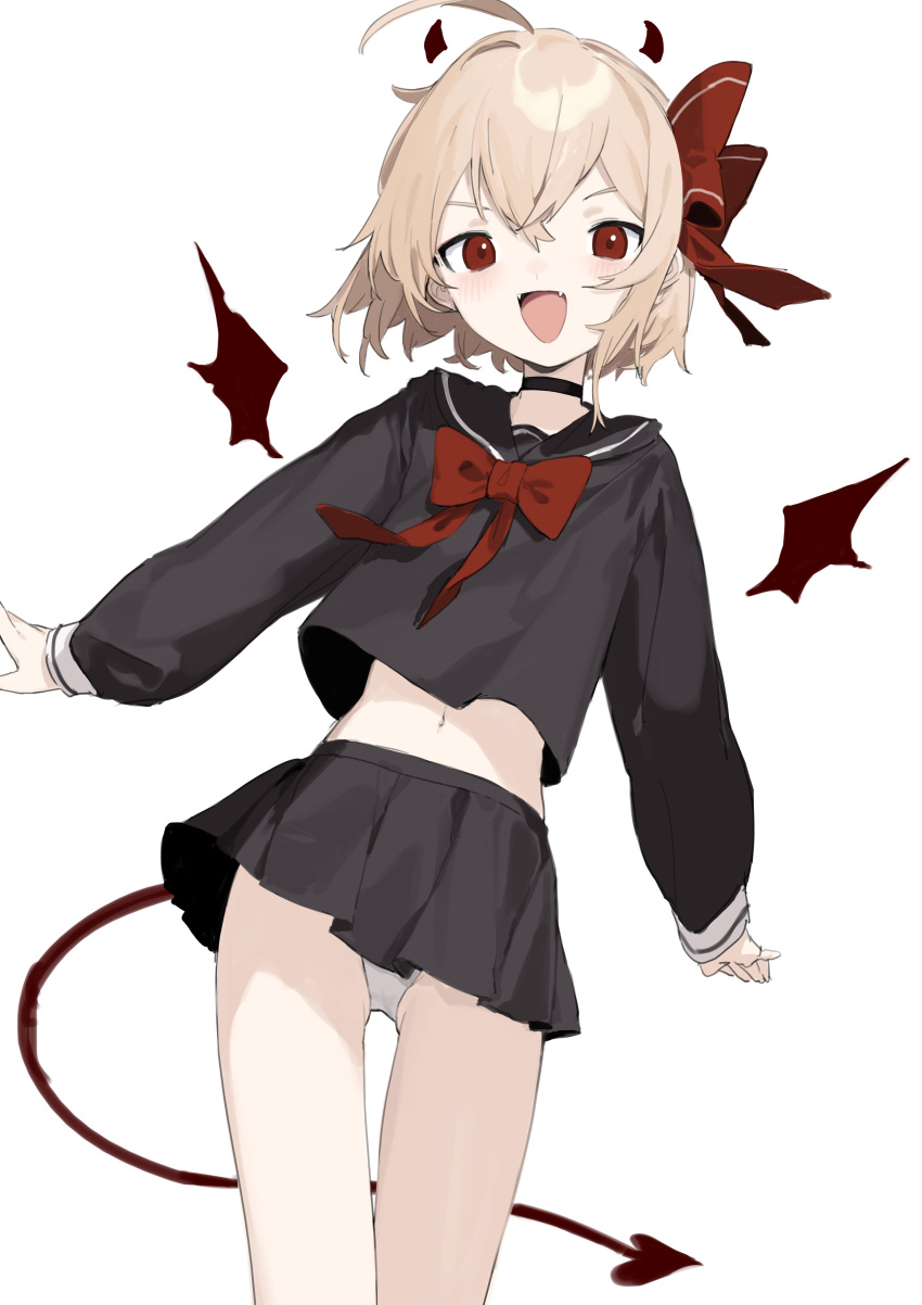 1girl :d absurdres ahoge black_sailor_collar black_serafuku black_shirt black_skirt bow commentary_request demon_girl demon_tail demon_wings detached_wings fang hair_bow highres light_brown_hair long_sleeves looking_at_viewer mini_wings panties puffy_long_sleeves puffy_sleeves red_bow red_eyes red_wings rumia sailor_collar school_uniform serafuku sh_(562835932) shirt simple_background skirt sleeves_past_wrists smile solo tail thigh_gap touhou underwear white_background white_panties wings