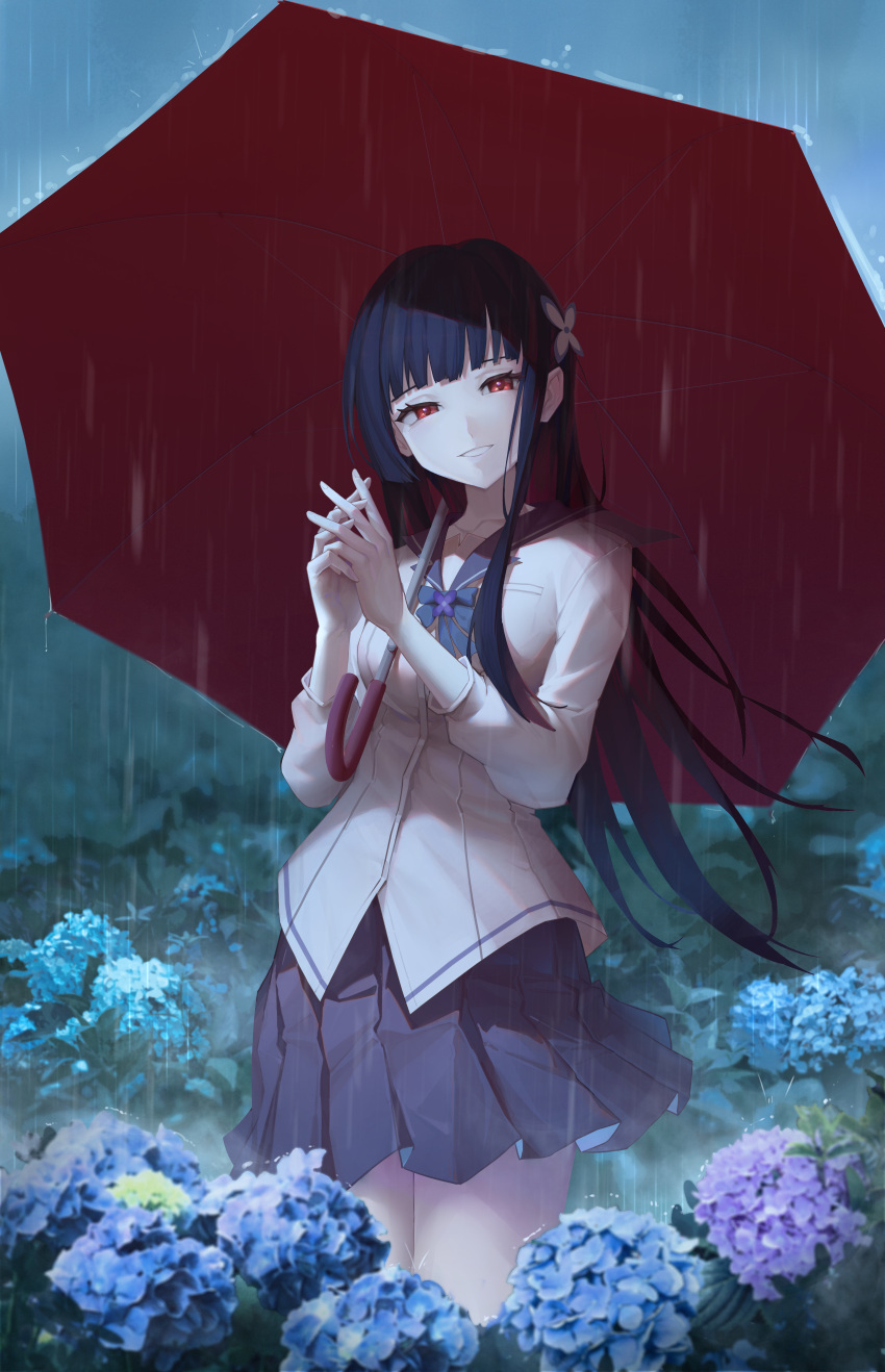 1girl absurdres alisi bangs black_hair blue_bow blue_bowtie blue_flower blunt_bangs bow bowtie collared_shirt cowboy_shot dress_shirt flower grin hair_ornament highres hime_cut holding holding_umbrella long_hair long_sleeves looking_at_viewer miniskirt outdoors pleated_skirt purple_flower purple_sailor_collar purple_skirt rain red_eyes red_umbrella sailor_collar sailor_shirt sanka_rea sankarea shirt skirt smile solo umbrella very_long_hair white_shirt