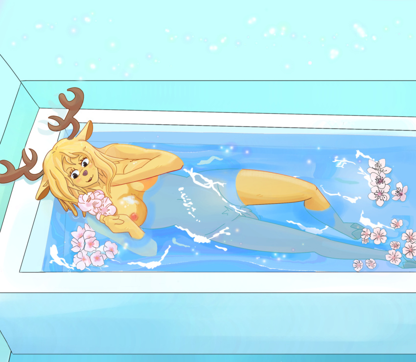 absurd_res anthro bath bathing bathtub blonde_hair breasts cervid cherry_blossom deep_fur deepfur female flower fur genitals hair hi_res holding_flower holding_head holding_object horn inside mammal milky_(one_piece) one_piece pink_flower plant pussy shaded solo water white_flower yellow_body yellow_fur