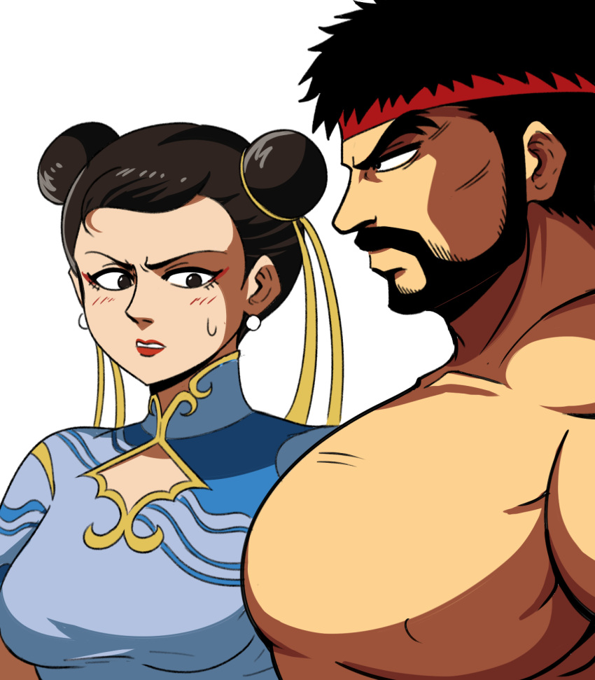 1boy 1girl beard black_eyes black_hair breasts brown_hair china_dress chinese_clothes chun-li double_bun dress earrings facial_hair hair_bun headband highres jewelry large_pectorals medium_breasts meme pectoral_envy_(meme) pectorals raised_eyebrow red_lips ryu_(street_fighter) street_fighter street_fighter_6 sweatdrop tina_fate topless_male