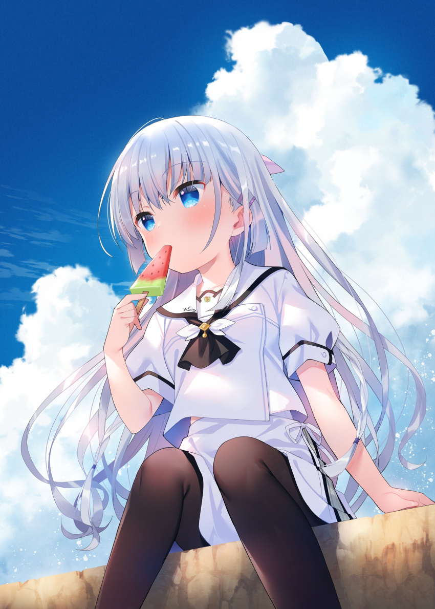 1girl absurdres arm_support ascot bangs black_ascot black_legwear blue_eyes blue_sky cloud cloudy_sky commentary_request day eating eyebrows_visible_through_hair feet_out_of_frame food grey_hair hair_between_eyes highres holding holding_food long_hair long_sleeves looking_away meito_(maze) naruse_shiroha outdoors pantyhose popsicle puffy_long_sleeves puffy_sleeves sailor_collar shirt sitting skirt sky solo summer_pockets very_long_hair watermelon_bar white_sailor_collar white_shirt white_skirt