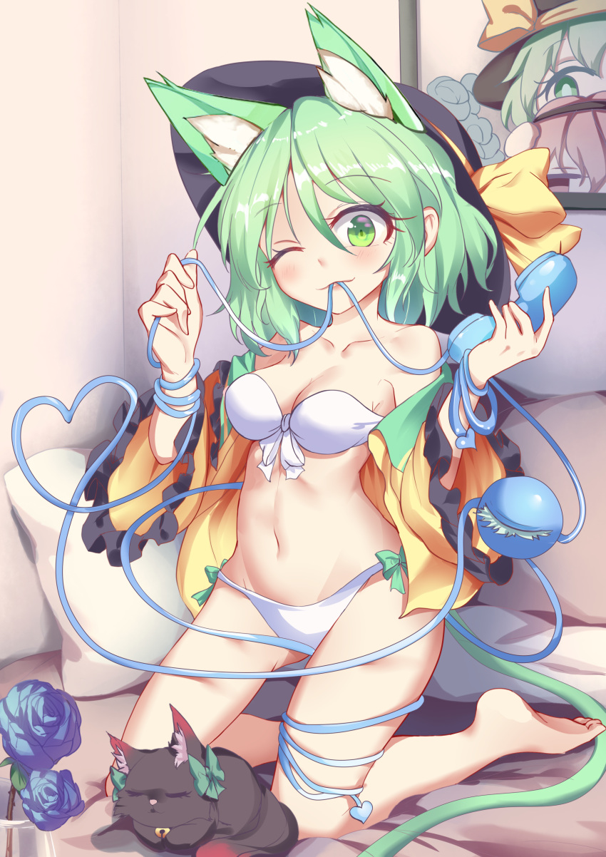 1girl absurdres animal_ear_fluff animal_ears bangs bare_legs bare_shoulders barefoot black_headwear blue_flower blue_rose blush bow breasts cat cat_ears collarbone eyebrows_visible_through_hair flower green_eyes green_hair groin hair_between_eyes hat hat_bow heart heart_of_string highres kaenbyou_rin kaenbyou_rin_(cat) kemonomimi_mode komeiji_koishi komeiji_satori long_sleeves medium_breasts mitaojiu_(wumiaoxiao_mengjiu) mouth_hold navel off_shoulder one_eye_closed open_clothes open_shirt rose shirt solo stomach thighs third_eye tongue tongue_out touhou underwear wide_sleeves yellow_bow yellow_shirt