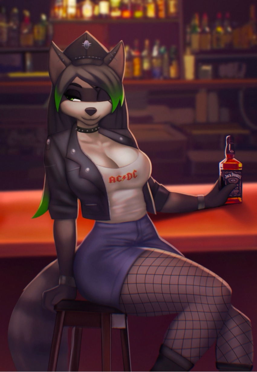 2022 ac/dc alcohol anthro aozee bar beverage black_clothing black_topwear blue_bottomwear blue_clothing boots bottle bottomwear breasts canid canine canis cleavage clothed clothing collar domestic_dog female fishnet fishnet_legwear footwear hat headgear headwear hi_res jack_daniel's jacket legwear mammal one_eye_closed product_placement shorts smile solo spiked_collar spikes topwear white_clothing white_topwear wine