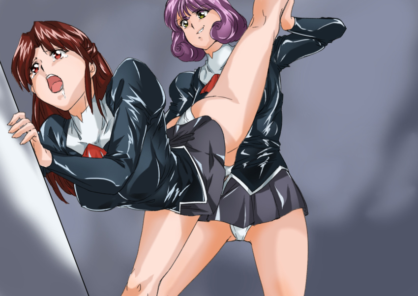 2girls agent_aika aika_(series) ascot bangs black_delmo black_delmo_leader black_jacket black_skirt bob_cut breasts brown_eyes clothed_sex commentary_request covered_nipples delmogeny_uniform drooling flexible indoors jacket juliet_sleeves kneepits leg_lift long_sleeves medium_breasts multiple_girls naomi_(agent_aika) open_mouth panties pleated_skirt puffy_sleeves purple_hair red_ascot red_hair saliva short_hair sinanu006nt skirt smile split standing standing_on_one_leg standing_split thighs tribadism underwear uniform white_panties yuri