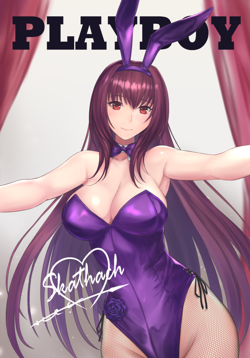 1girl animal_ears bangs blush breasts character_signature cleavage closed_mouth commentary_request detached_collar fake_animal_ears fate/grand_order fate_(series) fishnet_legwear fishnets hair_between_eyes highleg highleg_leotard highres large_breasts leotard long_hair looking_at_viewer odachu official_alternate_costume outstretched_arms pantyhose parody playboy playboy_bunny purple_hair purple_leotard rabbit_ears red_eyes scathach_(fate) scathach_(piercing_bunny)_(fate) thighs wrist_cuffs