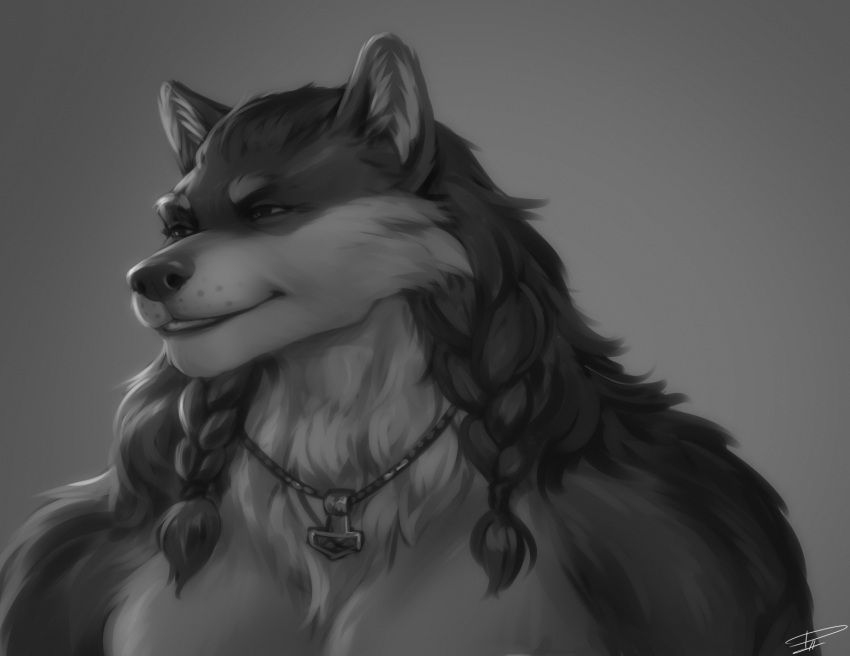 2022 anthro black_body black_fur black_hair black_nose braided_hair canid canine canis digital_media_(artwork) eyebrows eyelashes fur gigachad grey_background grey_body grey_fur greyscale hair hi_res jewelry male mammal monochrome necklace nude personalami simple_background solo wolf