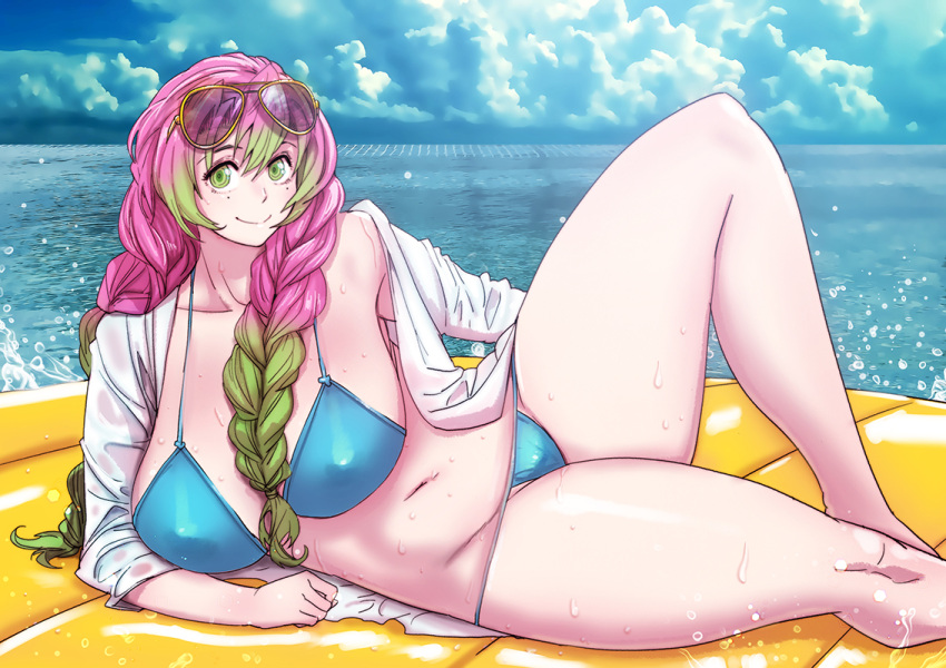 bikini blue_bikini blue_sky braid breasts butcherboy cloud cloudy_sky eyewear_on_head green_eyes green_hair kanroji_mitsuri kimetsu_no_yaiba large_breasts legs long_sleeves looking_at_viewer lying mole mole_under_eye multicolored_hair navel ocean on_side open_clothes pink_hair scenery shirt sky smile sunglasses swimsuit thick_thighs thighs twin_braids two-tone_hair wet white_shirt