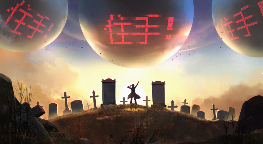 1boy arm_up black_hair blue_sky check_translation chinese_commentary chinese_text cloud commentary di_qiu_wang_shi elf_aqua grass graveyard gun gun_to_head highres long_sleeves luo_ji male_focus outdoors reflection sky solo spoilers sun translation_request very_wide_shot weapon