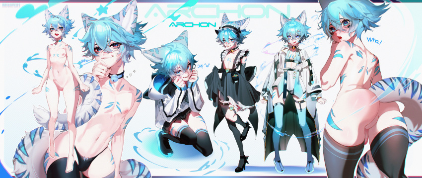 &lt;3 &lt;3_eyes 5_fingers 5_toes ^w^ absurd_res accessory akishycat animal_humanoid archon_eclipse areola artist_name backsack balls bell bell_collar blue_body blue_eyes blue_fur blue_hair bodily_fluids boots bottomwear bra butt choker clothed clothing collar dialogue english_text erection exposed_chest eyelashes facial_markings feet felid felid_humanoid fingers footwear fur garter genitals girly grey_body grey_fur hair hair_accessory hairband hand_on_chin head_markings hi_res high_heels hoodie humanoid humanoid_genitalia humanoid_penis inner_ear_fluff jewelry kneeling leaning leaning_forward legwear licking licking_lips looking_at_viewer looking_back looking_down maid_uniform male mammal mammal_humanoid markings messy_hair model_sheet mostly_nude navel necklace nipples nude open_mouth pantherine pantherine_humanoid panties penis pigeon_toed pink_areola pink_eyes pink_nipples pupils raised_arm raised_arms raised_bottomwear raised_clothing raised_leg raised_skirt shadow shoes short_hair skirt smile smug snow_leopard_humanoid socks solo standing star striped_markings stripes sweat sweatdrop symbol-shaped_pupils tattoo teeth text thigh_boots thigh_highs toes tongue tongue_out topwear tuft underwear uniform unusual_pupils white_body white_skin wide_hips