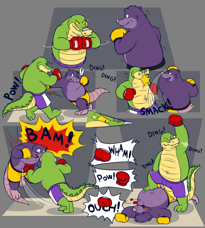 2022 absurd_res alligator alligatorid anthro belly bottomwear boxing boxing_gloves brok_(character) brok_the_investigator clothing comic crocodilian duo eulipotyphlan exclamation_point fight glassesgator green_body handwear hi_res lying male mammal mole_(animal) overweight overweight_male purple_body reptile scalie shorts sport video_games