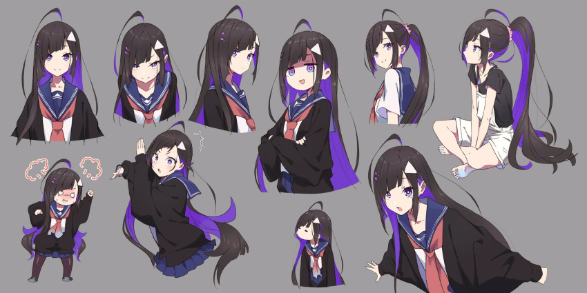 1girl :d ^^^ ahoge bangs black_cardigan black_hair black_shirt blue_sailor_collar blue_skirt blush brown_legwear cardigan clenched_teeth closed_mouth commentary_request cropped_torso crossed_arms diagonal_bangs hair_ornament hairclip highres long_hair long_sleeves multicolored_hair multiple_views neckerchief nose_blush open_cardigan open_clothes original overall_shorts overalls pantyhose pleated_skirt ponytail puffy_long_sleeves puffy_sleeves purple_eyes purple_hair red_neckerchief sailor_collar school_uniform serafuku shaded_face shirt short_sleeves skirt sleeves_past_wrists smile standing sweat tama_(tama-s) teeth triangle_hair_ornament two-tone_hair upper_body very_long_hair white_shirt yurako-san_(tama)