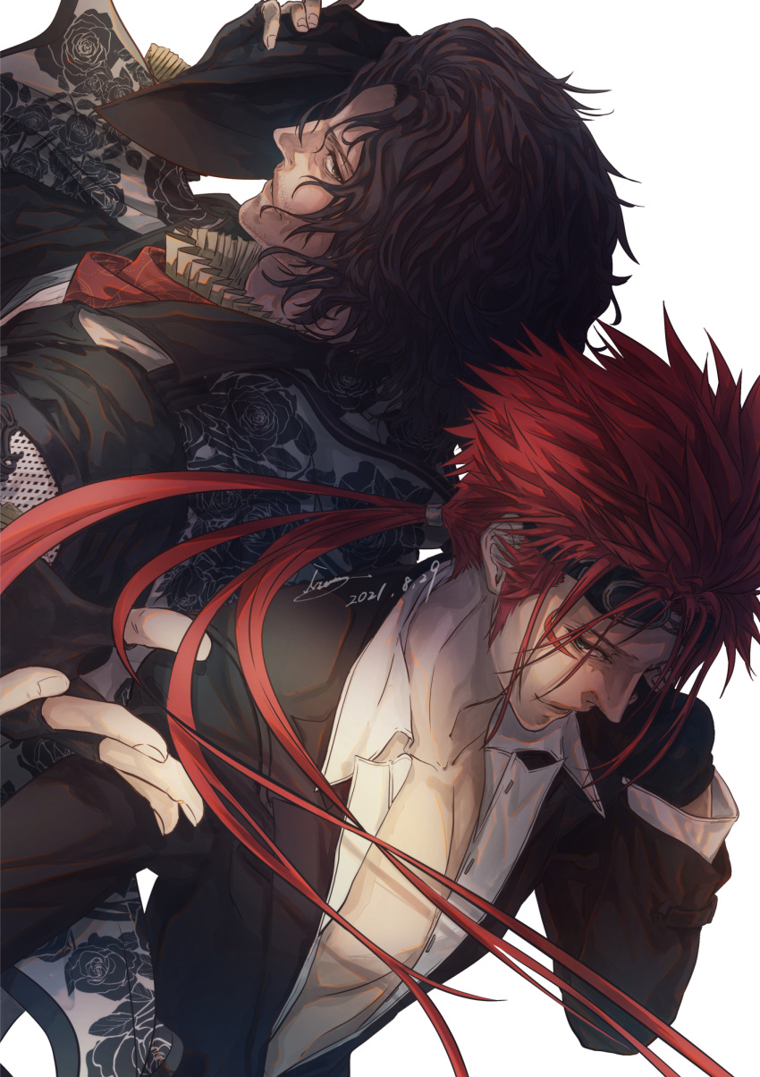 2boys ardyn_izunia back-to-back bangs black_jacket brown_hair collarbone crossover facial_mark final_fantasy final_fantasy_vii final_fantasy_vii_remake final_fantasy_xv fingerless_gloves floral_print frilled_shirt_collar frills gloves goggles goggles_on_head grey_eyes hat hat_removed headwear_removed highres holding holding_clothes holding_hat jacket long_hair low_ponytail medium_hair moriiiiiiiiiinn multiple_boys open_clothes open_shirt parted_bangs red_hair reno_(ff7) rose_print shirt spiked_hair upper_body wavy_hair white_background white_shirt