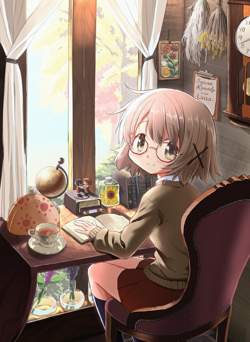 1girl absurdres bangs bespectacled black_legwear blush book brown_eyes brown_hair chair character_doll clipboard clock closed_mouth commentary_request cup curtains desk english_text eyebrows_visible_through_hair flower glasses globe hair_ornament hidamari_sketch highres hiro_(hidamari_sketch) indoors kneehighs looking_at_viewer looking_back open_book percy_pyl picture_frame red_skirt sae_(hidamari_sketch) saucer short_hair sitting skirt smile solo sweater table teacup vase window x_hair_ornament yuno_(hidamari_sketch)