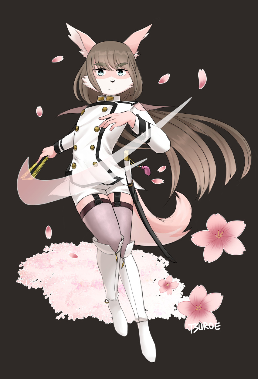 absurd_res anthro boots brown_hair canid canine canis cherry_blossom chuurow clothed clothing domestic_dog flower flower_petals folding_fan footwear fur garter_straps girly hair hi_res holding_fan lifewonders long_hair male mammal petals pink_body pink_fur plant sheathed_sword simple_background solo tanetomo tokyo_afterschool_summoners video_games white_boots white_clothing white_footwear