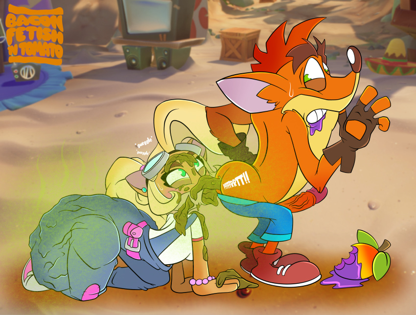 absurd_res activision age_difference all_fours anthro baconfetish'ntomato bandicoot biped blonde_hair blush bodily_fluids bracelet brother brother_and_sister butt clothed clothing coco_bandicoot crash_bandicoot crash_bandicoot_(series) digital_media_(artwork) duo ear_piercing eating eating_feces eating_food english_text erection eyewear eyewear_on_head feces feces_in_mouth feces_on_body feces_on_face female filth food fruit fur genitals gloves goggles goggles_on_head green_eyes hair handwear hi_res hyper_soiling jewelry looking_back looking_pleasured male male/female mammal marsupial mohawk older_male onomatopoeia open_mouth orange_body orange_fur outside overalls penis piercing plant pooping pooping_on_another public scat sibling sister smelly soiling sound_effects stink_lines sweat sweatdrop text thick_thighs vein veiny_penis video_games wide_hips wumpa_fruit young younger_female