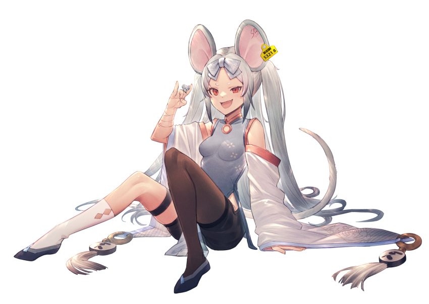 1girl animal_ears asymmetrical_legwear bag blue_archive blue_dress breasts china_dress chinese_clothes detached_sleeves dress ear_tag gun halo handbag handgun holstered_weapon large_ears medium_breasts mouse mouse_ears mouse_girl mouse_tail red_eyes relayrl saya_(blue_archive) socks solo tail thighhighs uneven_legwear weapon wide_sleeves