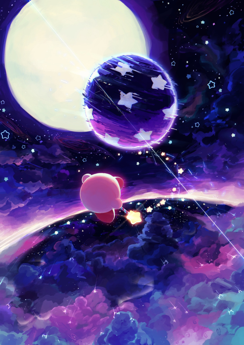 above_clouds cloud fighting full_moon highres in_orbit kirby kirby's_adventure kirby_(series) kirby_nightmare_in_dream_land moon nightmare_(kirby) nightmare_orb no_humans planet planetary_ring sky space sparkle star_(sky) star_(symbol) star_rod starry_sky suyasuyabi