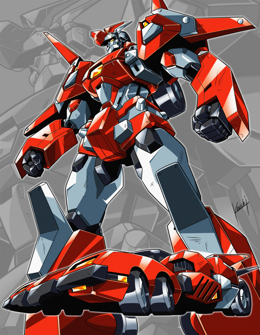 car clenched_hands d-1_devastator grey_background ground_vehicle highres kouichi_(kouichi-129) looking_ahead mecha motor_vehicle multiple_forms no_humans orange_eyes science_fiction vector_versus zoom_layer