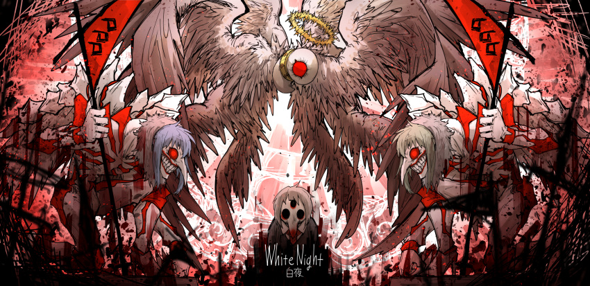 3others 666 angel_wings crown_of_thorns fetus formal glyph halo high_heels highres holding holding_scythe kan_(aaaaari35) kneeling lobotomy_corporation long_nose looking_down monster multiple_others necktie non-web_source plague_doctor_mask project_moon red_eyes scythe smile suit whitenight_(lobotomy_corporation) wings