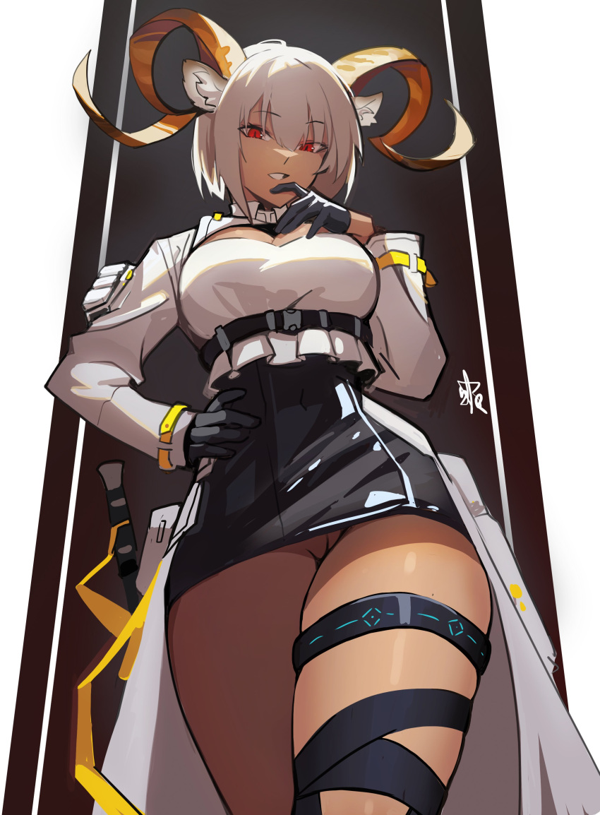 1girl absurdres animal_ears arknights bangs black_gloves black_skirt carnelian_(arknights) dark-skinned_female dark_skin distr eyebrows_visible_through_hair from_below gloves goat_ears goat_girl goat_horns half_gloves highres horns infection_monitor_(arknights) leg_wrap looking_at_viewer looking_down miniskirt no_panties pussy pussy_peek red_eyes short_hair signature skirt smile solo white_hair