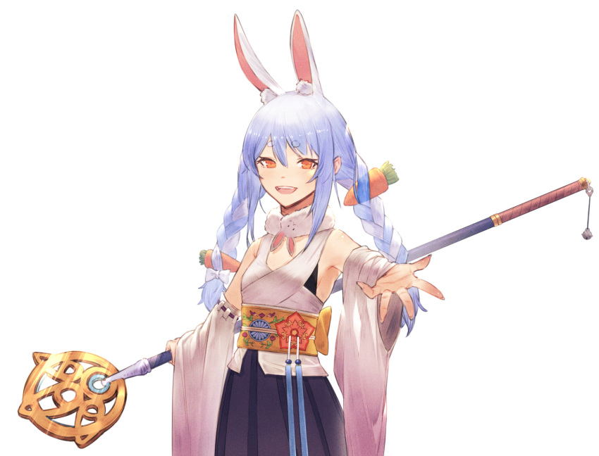 1girl animal_ear_fluff animal_ears animal_print arrow_(symbol) artist_name bare_shoulders braid breasts bunny_print carrot carrot_hair_ornament clenched_hand cosplay detached_sleeves electricity english_text eyebrows_visible_through_hair final_fantasy final_fantasy_x food-themed_hair_ornament hair_ornament hakama hakama_skirt hand_on_hip highres holding holding_staff japanese_clothes light_blue_hair looking_at_viewer multicolored_hair obi open_mouth orange_eyes over_shoulder rabbit_ears rabbit_girl relayrl sash shirt skirt small_breasts smirk solo staff thick_eyebrows twin_braids two-tone_hair usada_pekora virtual_youtuber white_hair white_shirt wide_sleeves yuna_(ff10) yuna_(ff10)_(cosplay)