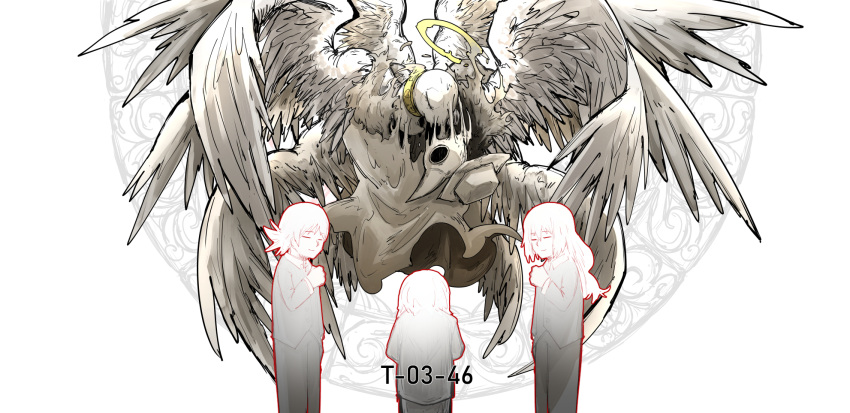 3others closed_eyes employee_(lobotomy_corporation) falling feathered_wings fetus glyph halo heart highres kan_(aaaaari35) kneeling lobotomy_corporation melting multiple_others multiple_wings non-web_source plague_doctor_(project_moon) plague_doctor_mask praying project_moon spoilers transformation white_wings whitenight_(lobotomy_corporation) wings