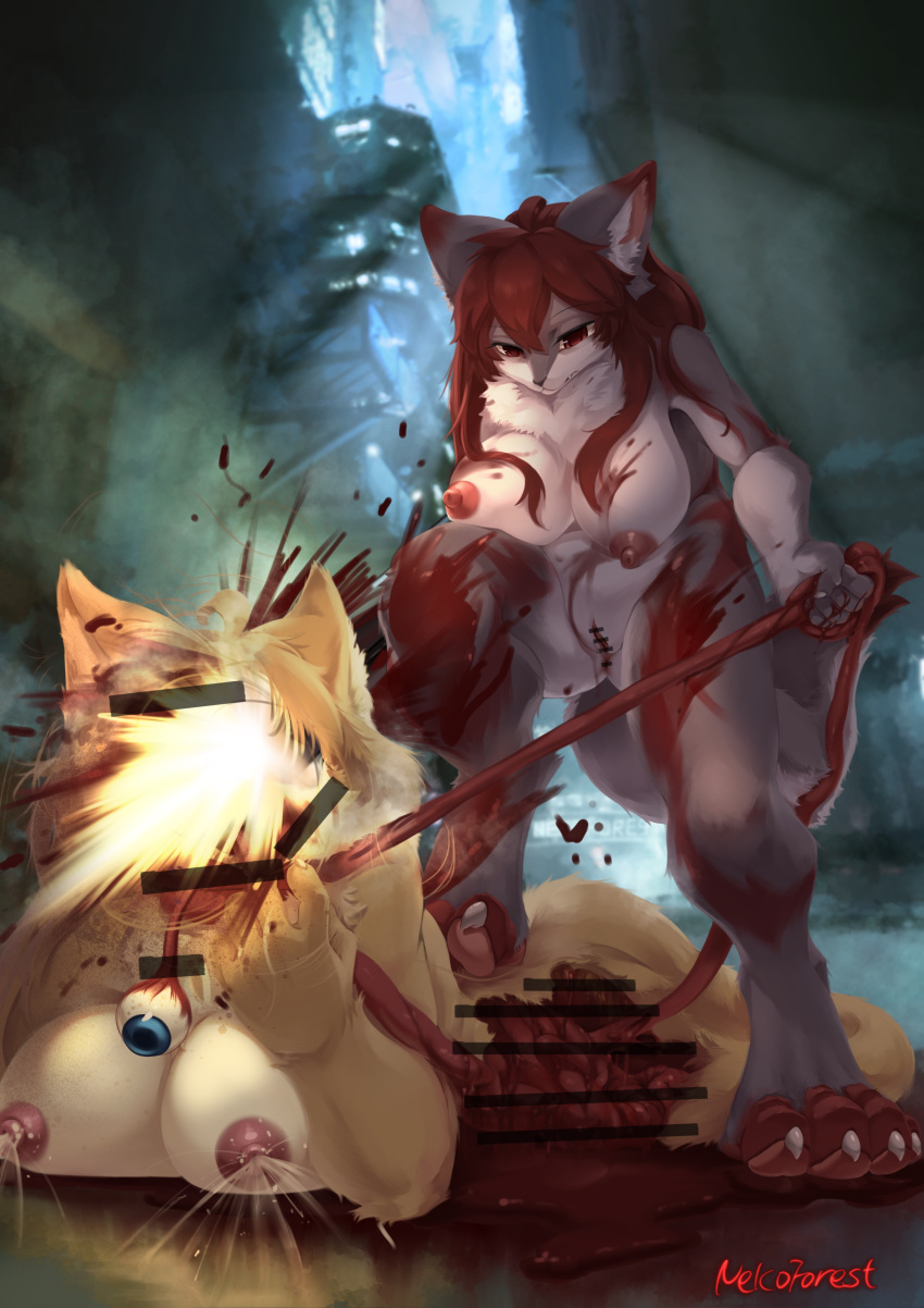 4_toes 5_fingers absurd_res alley anthro asphyxiation blonde_hair blood blood_on_fur blue_eyes bodily_fluids canid canine canis censor_bar censored chest_tuft choking claws death detailed_background digital_drawing_(artwork) digital_media_(artwork) disembowelment domestic_cat duo execution executioner eye_ball feet felid feline felis female female/female fingers foot_on_back fur gore grey_body grey_fur gun gunshot guts gutting hair hi_res holding_intestines imminent_death ineffective_censorship inner_ear_fluff intestines killing lactating large_feet light light_beam looking_at_another lying mammal multicolored_body nekoforest on_front organs ranged_weapon red_eyes red_hair scared shotgun signature slightly_chubby snuff thick_thighs toe_claws toes tongue tongue_out torture tuft two_tone_body weapon wolf yellow_body yellow_fur