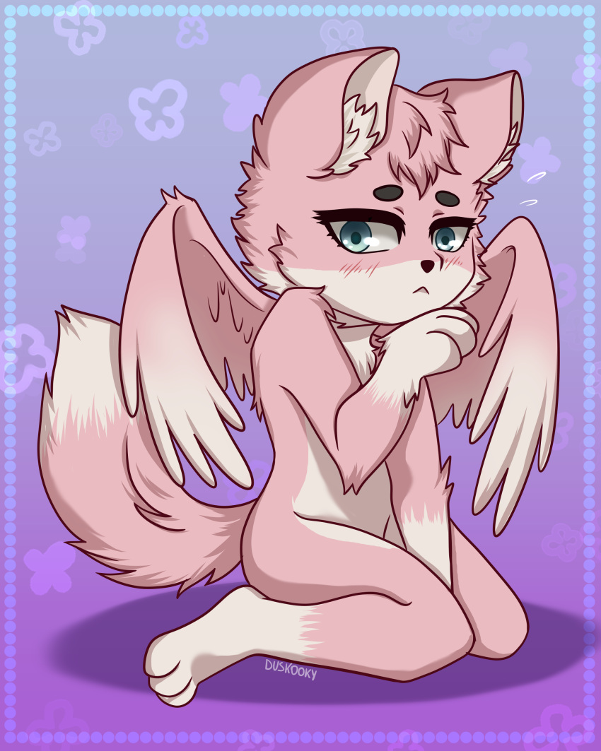 absurd_res ambiguous_gender anthro blue_eyes blush blush_lines canid canine cute_expression duskooky fluffy fluffy_tail fluffy_wings fox fur fur_tuft hi_res hybrid inner_ear_fluff kneeling lostfox mammal paws pink_body pink_fur pink_wings solo tuft white_body white_fur wings