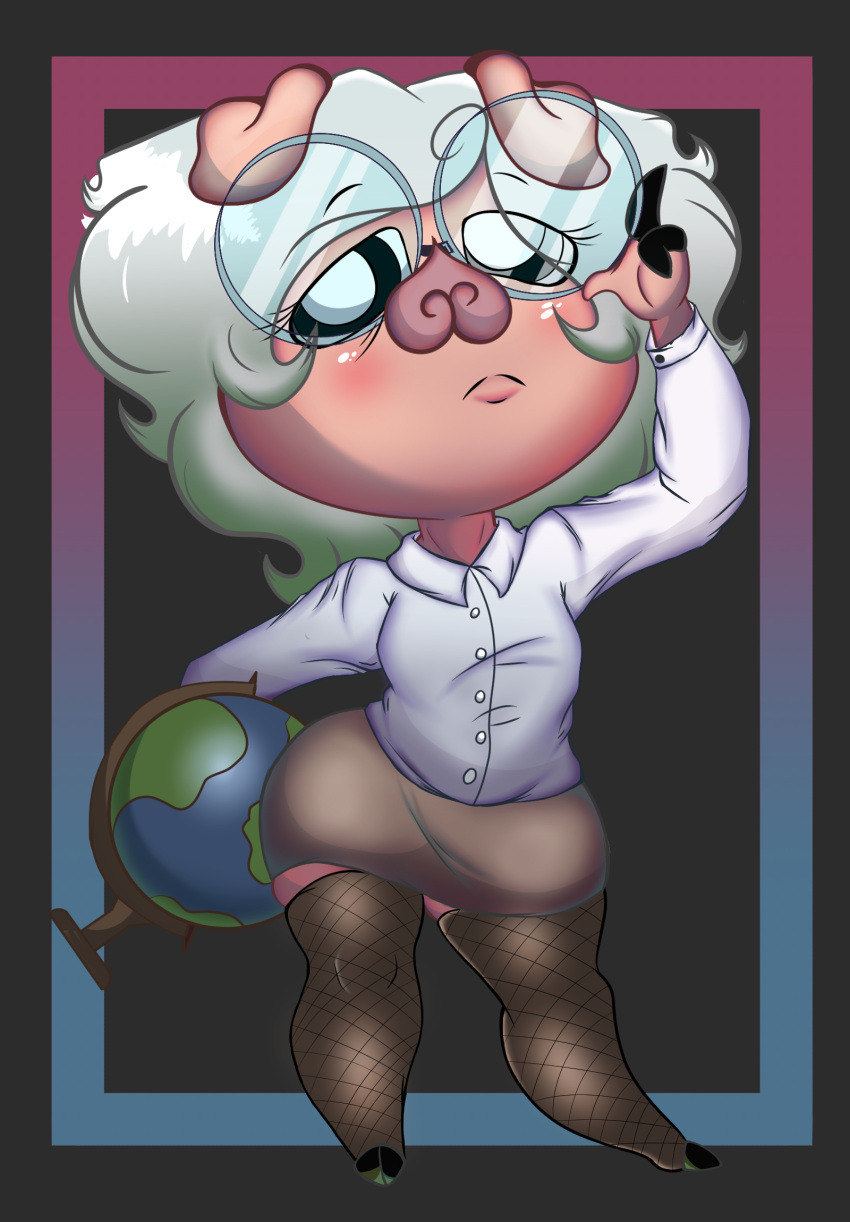 anthro big_butt big_eyes breasts butt chubby_female clothing cosplay domestic_pig eyewear female glasses hair hi_res legwear lenses linyxart mammal pig_nose pigtails professor short_hair short_stack size_difference small_breasts smaller_female solo stockings suid suina sus_(pig)