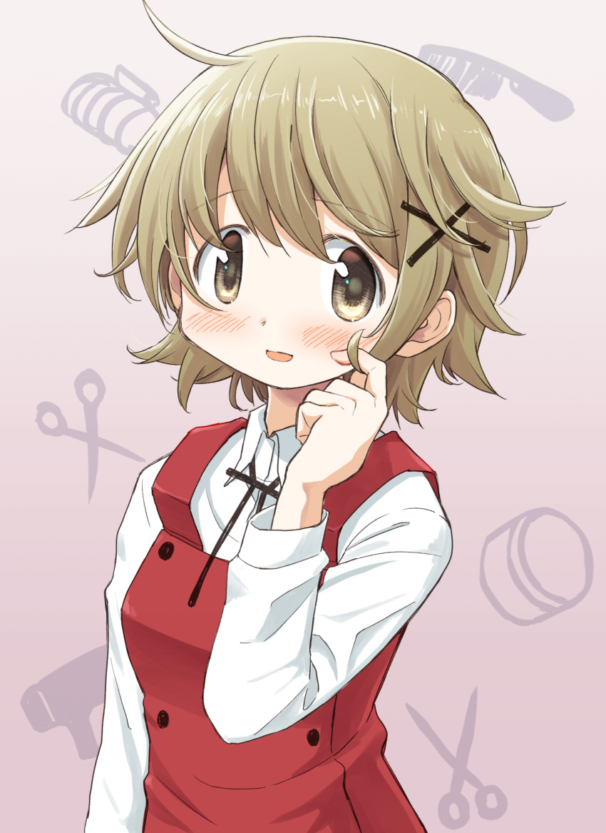 1girl blush brown_hair commentary_request hair_ornament hidamari_sketch highres looking_at_viewer messy_hair neck_ribbon percy_pyl ribbon school_uniform shirt short_hair solo upper_body white_shirt x_hair_ornament yamabuki_high_school_uniform yuno_(hidamari_sketch)