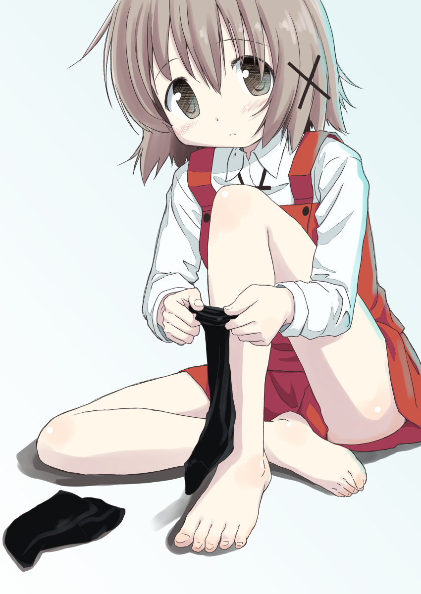 1girl absurdres bare_legs barefoot black_legwear brown_hair commentary_request feet hair_ornament hidamari_sketch highres knee_up long_sleeves looking_at_viewer percy_pyl school_uniform shirt short_hair sitting socks solo thighs toenails toes white_background white_shirt x_hair_ornament yamabuki_high_school_uniform yuno_(hidamari_sketch)