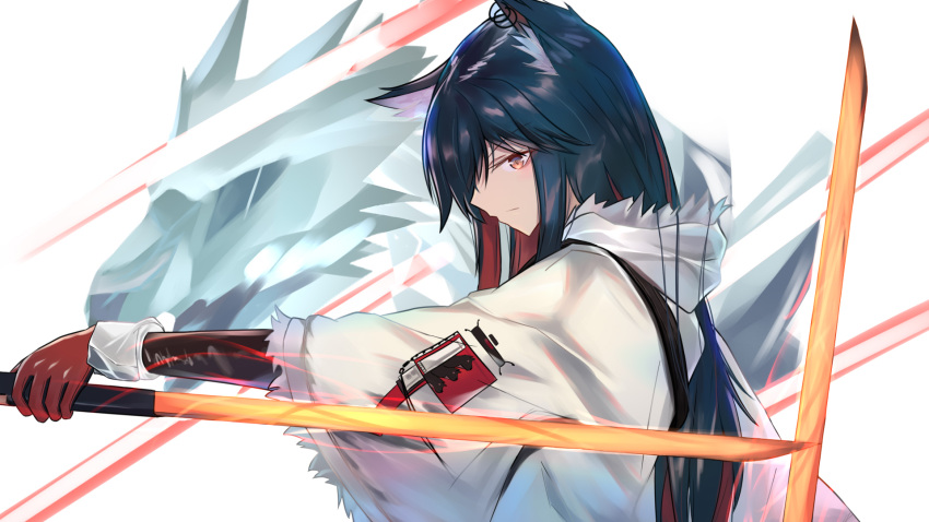 1girl animal_ear_fluff animal_ears arknights bangs black_hair black_sleeves blank_stare brown_eyes closed_mouth coat colored_inner_hair dual_wielding ear_piercing expressionless eyebrows_visible_through_hair from_side fur-trimmed_coat fur_trim gloves glowing glowing_sword glowing_weapon hair_over_one_eye hand_up highres holding holding_sword holding_weapon hood hood_down hooded_coat leather leather_gloves long_bangs long_hair multicolored_hair outstretched_arm piercing pointy_nose red_eyes red_gloves red_hair serious sleeves_past_elbows solo sword texas_(arknights) texas_(winter_messenger)_(arknights) tudili upper_body weapon weapon_behind_back white_background white_coat white_hood white_sleeves wide_sleeves wolf wolf_ears wolf_girl