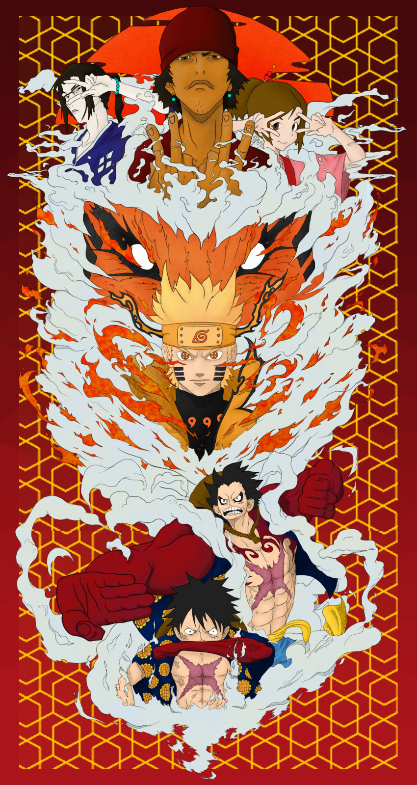 1girl 4boys absurdres artist_request black_hair blonde_hair brown_eyes crossover fuu_(samurai_champloo) headband highres jinnosuke looking_at_viewer monkey_d._luffy mugen_(samurai_champloo) multiple_boys naruto naruto_(series) naruto_shippuuden one_piece samurai_champloo uzumaki_naruto