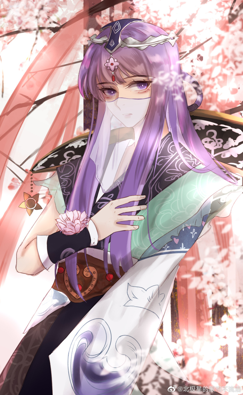 1girl absurdres asymmetrical_sleeves beijixing_de_yanlei_bu_liulei bright_pupils flower hair_flower hair_ornament hair_rings hand_on_own_chest highres long_hair looking_at_viewer open_mouth purple_hair qin_shi_ming_yue shao_siming_(qin_shi_ming_yue) solo teeth upper_body veil white_pupils